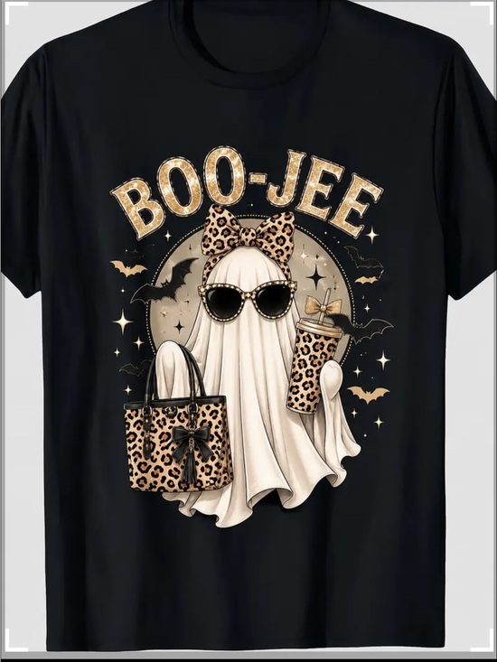 Tops - Boo-Jee Black Halloween Ghost Tee with Leopard Accents